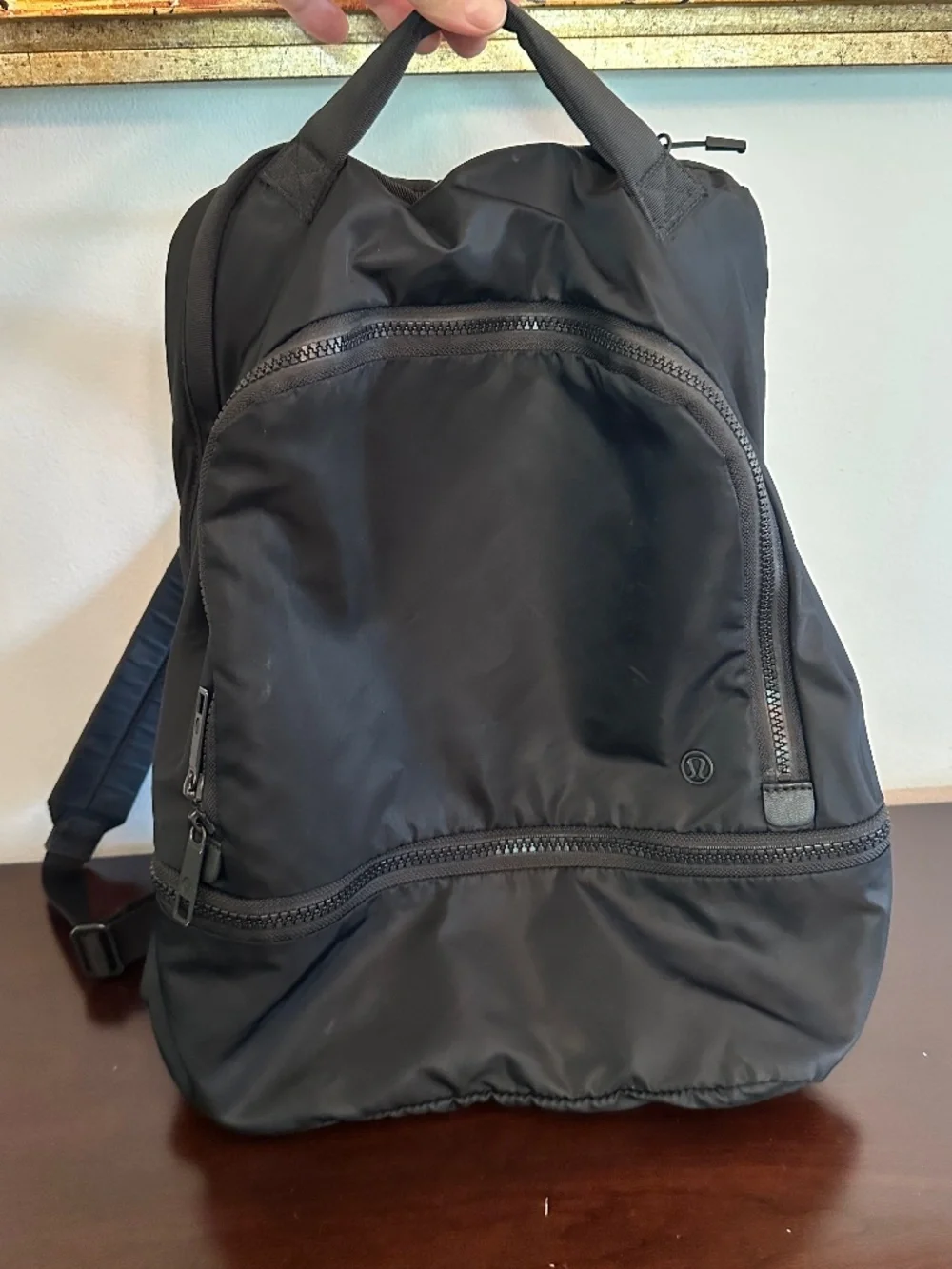 Lululemon Backpack Black On Black Shoulder Straps Zip Close Mesh Compartments